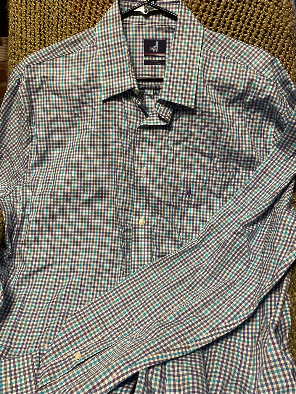 johnnie-O Teal, Blue and White Gingham Dress Shirt - Button-Down